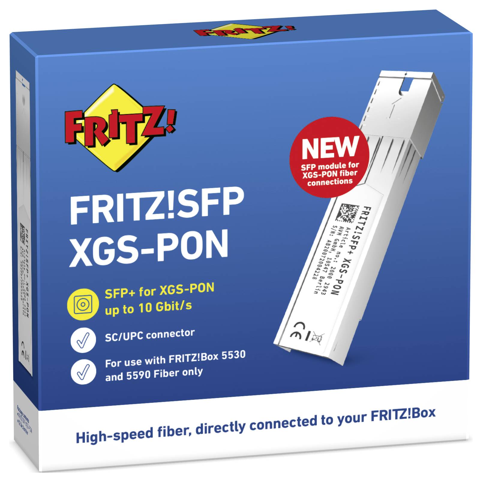 'FRITZ!SFP XGS-PON' box with image of a network module. Highlights: 'SFP+ for XGS-PON', 'up to 10 Gbit/s', compatible with FRITZ!Box routers.