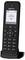 A black cordless phone with a screen displaying the name 'Claudia' and a phone number. Buttons are labeled for calling features.