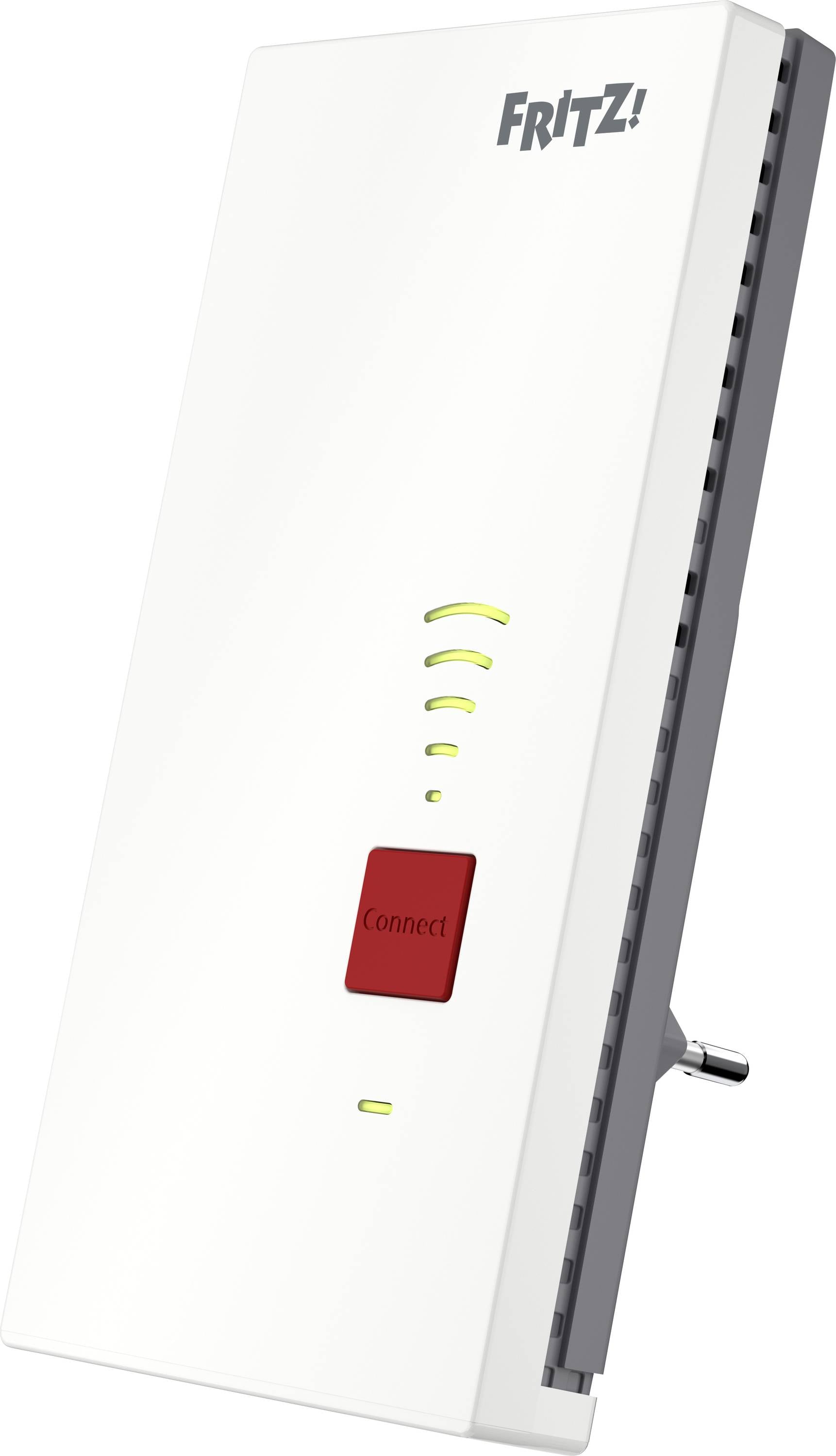 'A white wireless extender with a red Connect button, LED indicators, and the text FRITZ! on the top.'