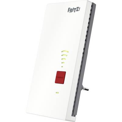 'A white wireless extender with a red Connect button, LED indicators, and the text FRITZ! on the top.'