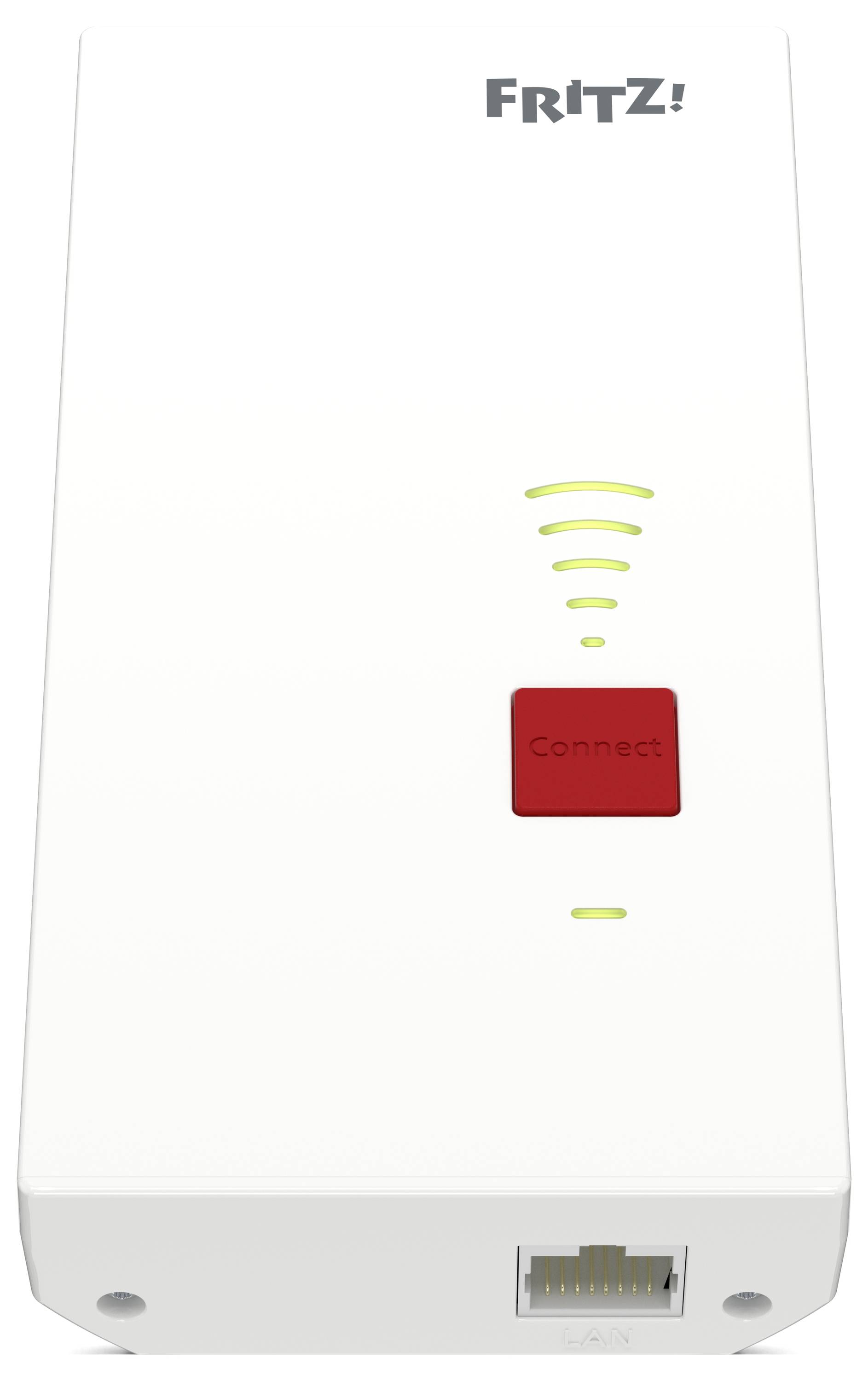 A white Wi-Fi range extender with a red 'Connect' button and a network port at the bottom. Green indicator lights show connectivity status.