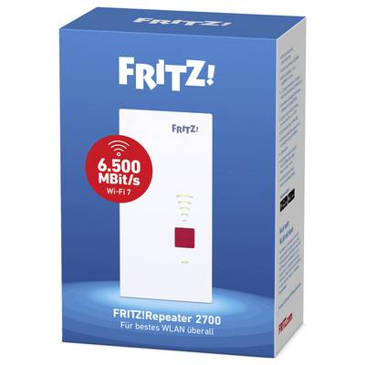A box for 'FRITZ!Repeater 2700', advertising 6,500 MBit/s Wi-Fi 7 speed, with an image of the repeater and German text descriptions.