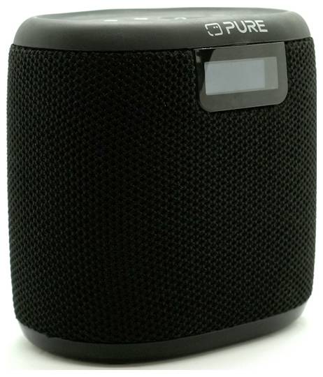 Black portable speaker with a textured surface, small display on the front, and 'PURE' logo on top.