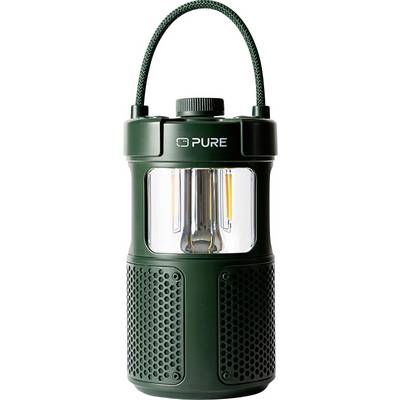 A green portable lantern with a handle and the word 'PURE' printed above its transparent section, revealing the interior LED lights.
