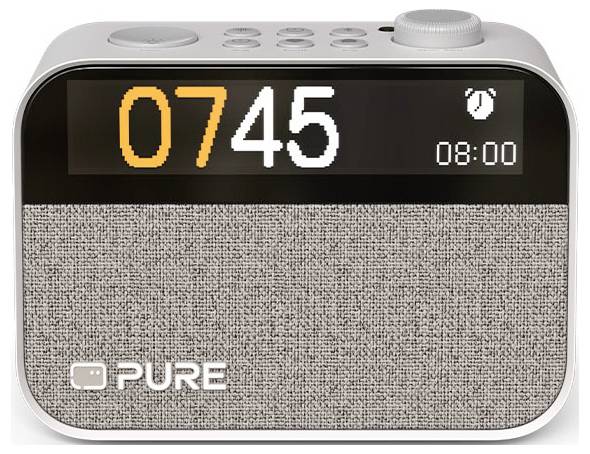 A digital alarm clock displaying '07:45' in orange, with an alarm set for '08:00'. The brand name 'PURE' is visible on the fabric front.