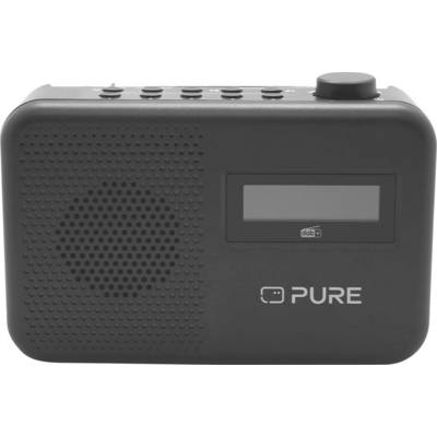 A black digital radio with a speaker on the left, buttons on top, a display screen showing 'dab' in the center, and the brand name 'PURE' on the front.