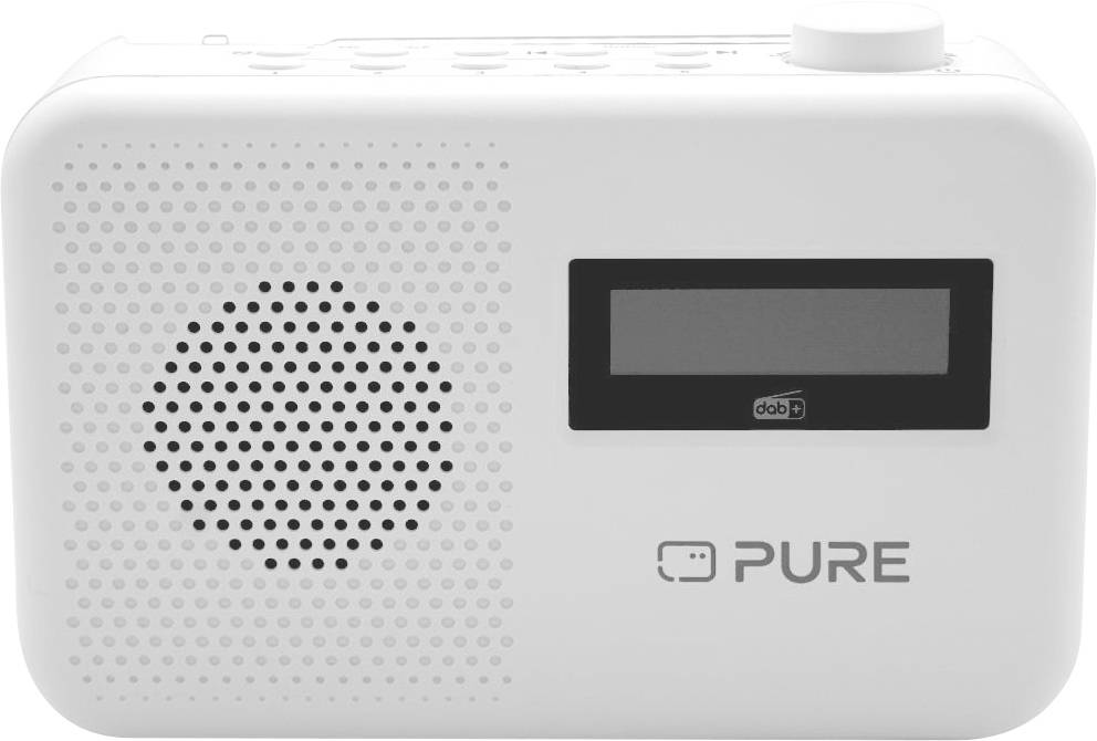 A white portable radio with a speaker, small display screen, and control buttons on top. The brand 'PURE' is printed below the screen.