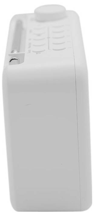 Side view of a white rectangular electronic device with buttons and a knob on top, resembling a small speaker or radio.