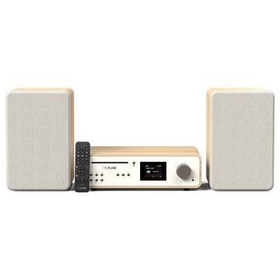 A compact audio system with two beige speakers and a central unit featuring a display, control knobs, and a remote, on a light wood finish.