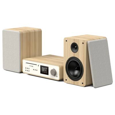 A compact stereo system with two wooden speakers and a central unit featuring a digital display, buttons, and a volume knob.