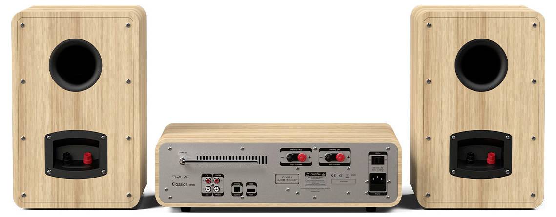 Wooden speakers and an amplifier with various input and output ports, including speaker connections, displayed in a rear view.