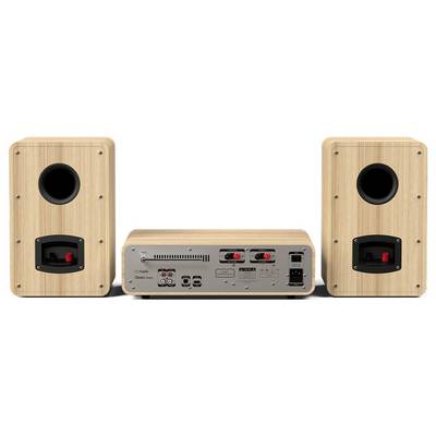 Wooden speakers and an amplifier with various input and output ports, including speaker connections, displayed in a rear view.