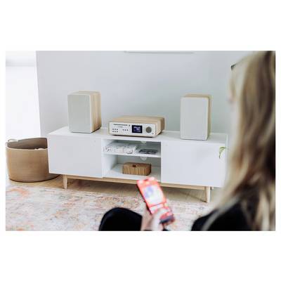 A person holds a smartphone displaying a music app. In the background, a modern stereo system with speakers is set up on a shelf.