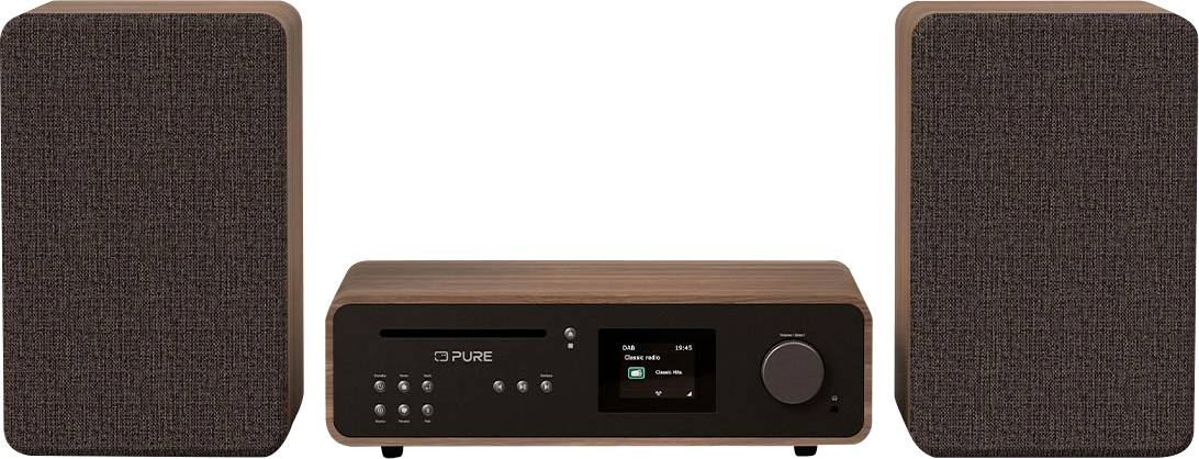 A wooden stereo system with two speakers on either side of a central control unit featuring a digital display, buttons, and a dial.