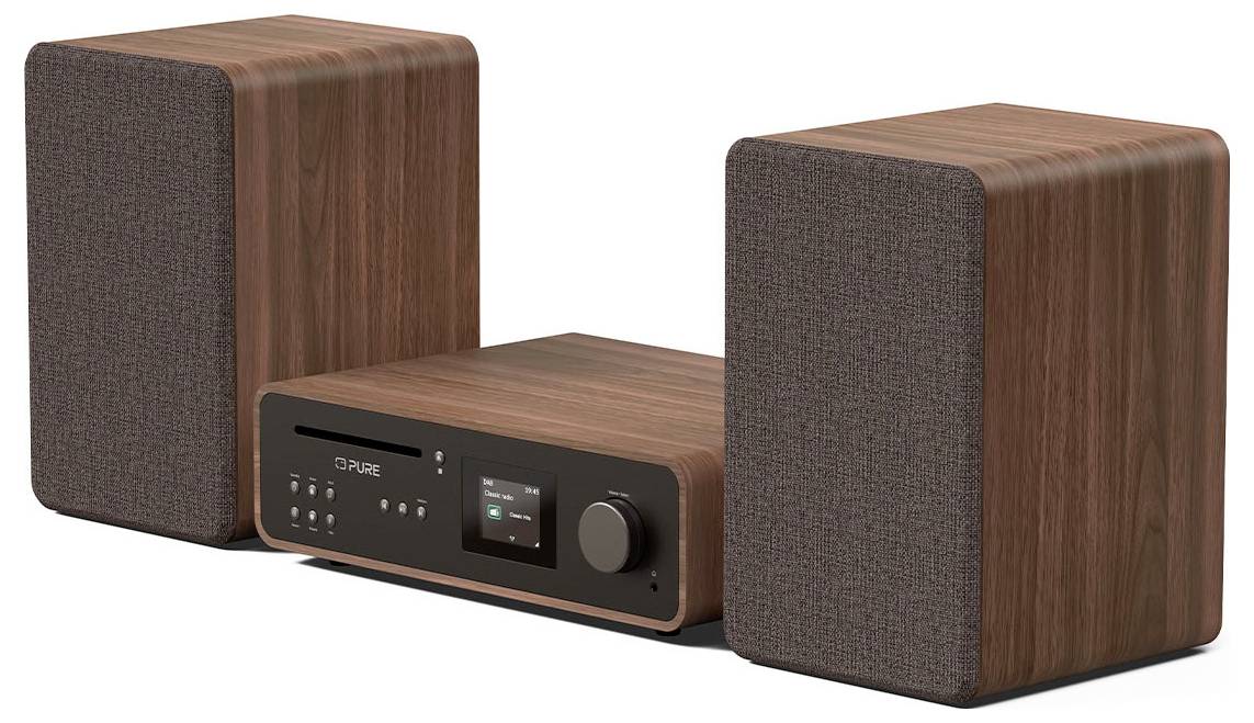 A sleek wooden stereo system with two large speakers and a central unit featuring a digital display and control knob.