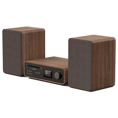 A sleek wooden stereo system with two large speakers and a central unit featuring a digital display and control knob.