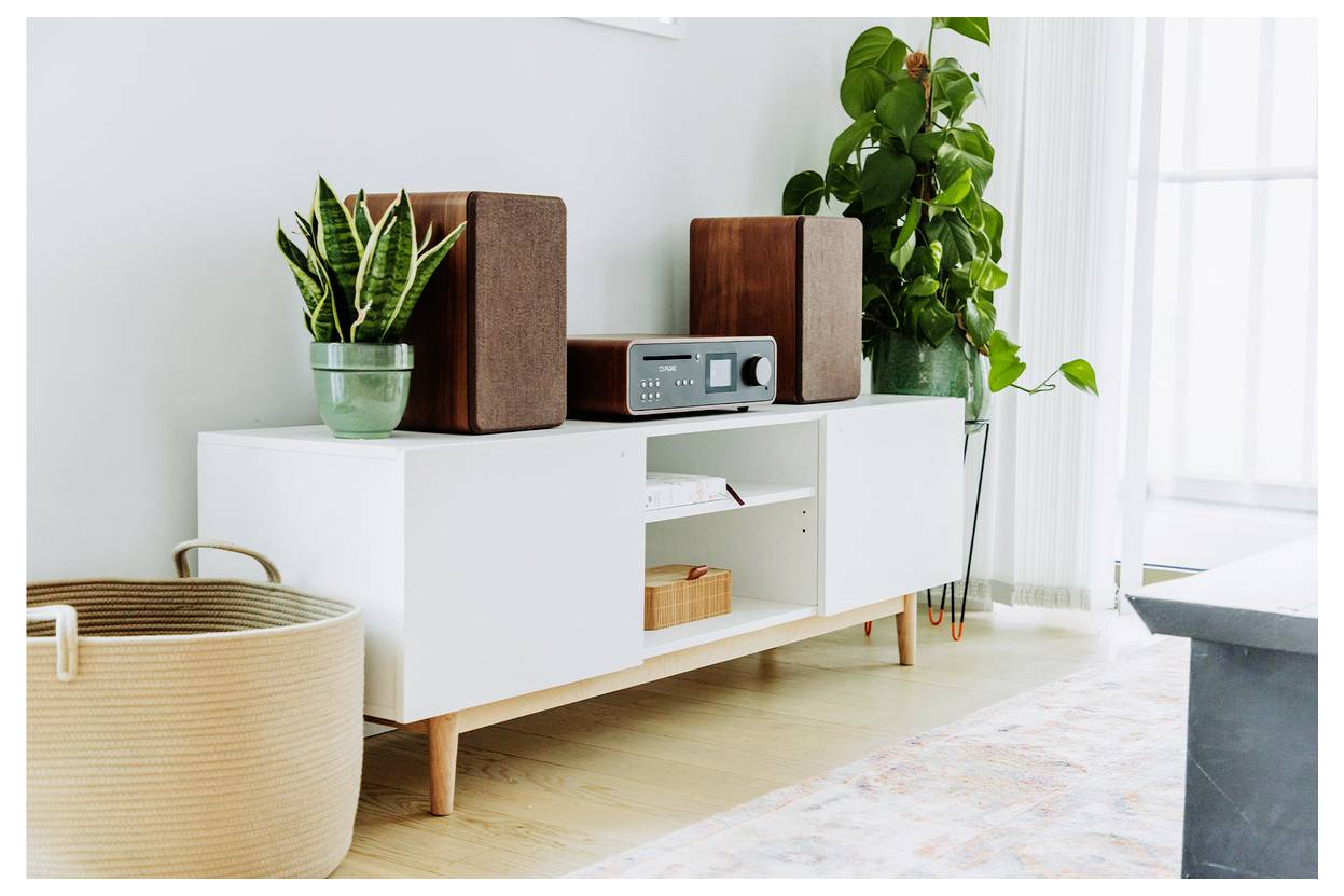 A modern living room setup with a white cabinet holding a stereo, flanked by houseplants and speakers. Basket and rug visible on the floor.
