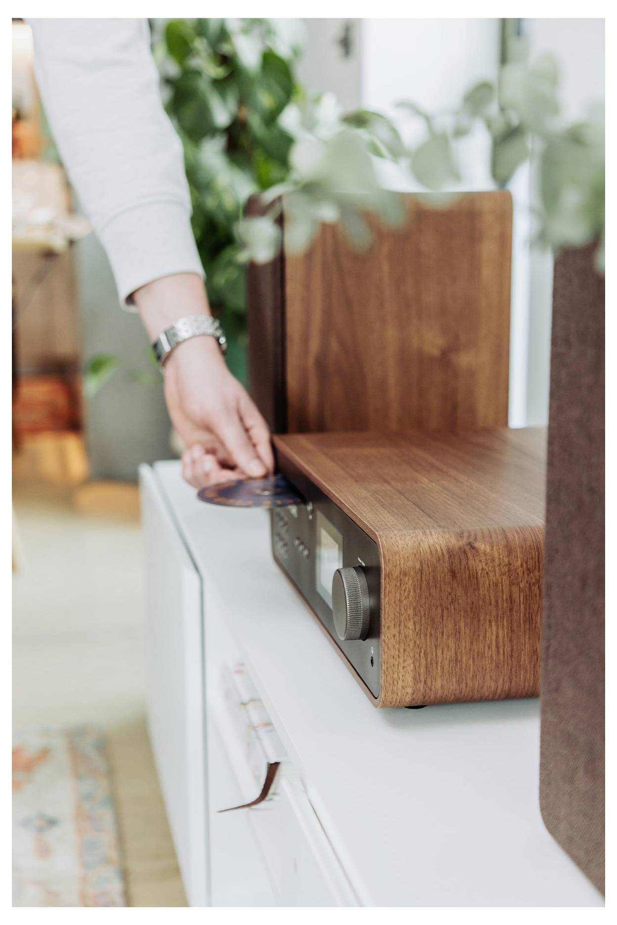 A person inserts a CD into a wooden stereo system on a white shelf, surrounded by plants.