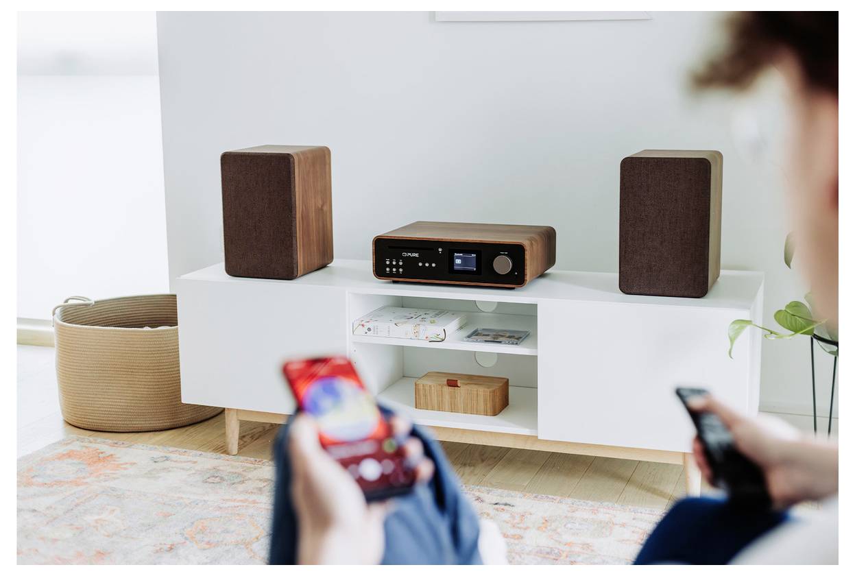 A person holds a smartphone and remote, facing a modern stereo system with two wooden speakers on a white shelf.