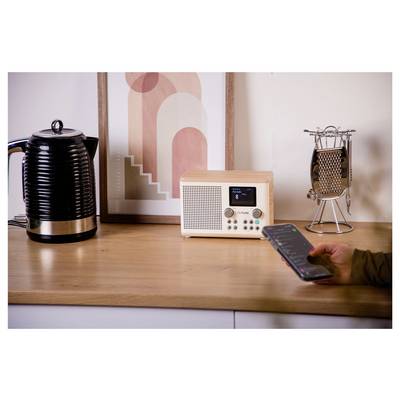 A kitchen counter with a kettle, framed artwork, retro radio, and a person using a smartphone.