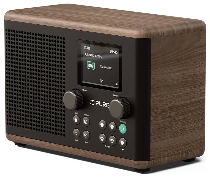 A retro-style wooden DAB radio with a digital display showing 'Classic radio' and 'Classic Hits'. The front has control knobs and buttons.