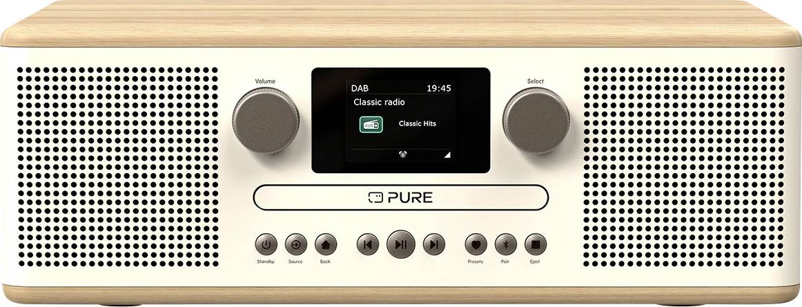 A beige digital radio with a screen displaying 'Classic radio' and 'Classic Hits', flanked by volume and select knobs, and preset buttons below.
