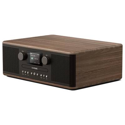 A wooden digital radio with speakers, a display screen showing 'Jazz FM', and control buttons in front.