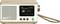 A compact white and wood radio with a screen playing 'Classic Hits' on 'Classic Radio'. Three buttons for preset, info, and standby.