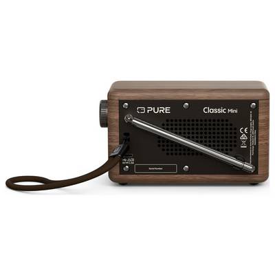 A retro-style radio with a wooden finish, labeled 'Classic Mini,' features a silver handle, a knob on the side, and a charging port.