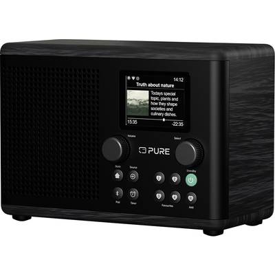 A small black digital radio displaying the program 'Truth about nature,' featuring topics on plants and their impact on societies and cuisine.