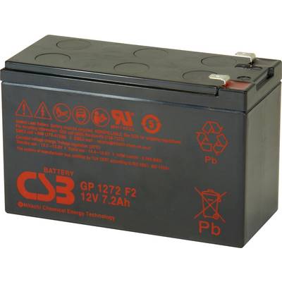 A black 12V 7.2Ah sealed lead-acid battery with terminals on top, featuring red labeling and hazard symbols.