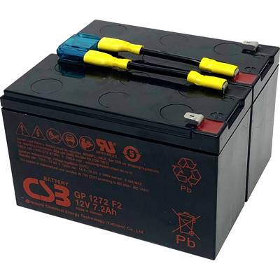 Two sealed lead-acid batteries connected in series, labeled with safety and recycling symbols, manufactured by CSB for emergency power.