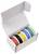 A box containing five spools of electrical wire in red, black, blue, yellow, and green, organized in a row.