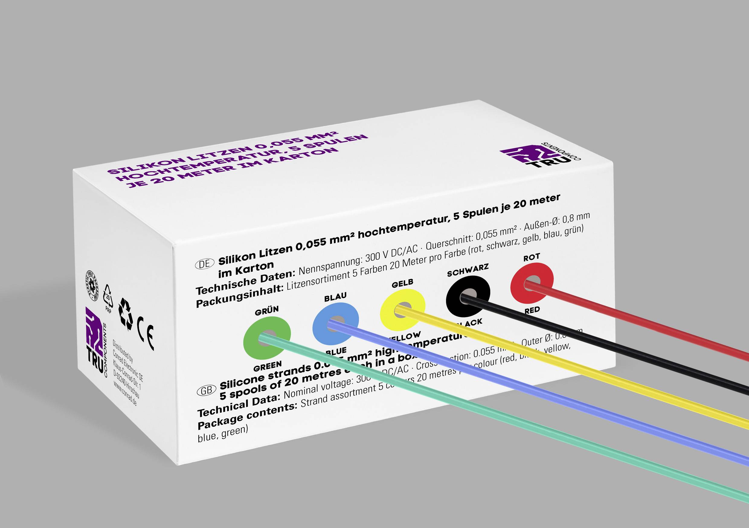 Box displaying multicolored wires: green, yellow, blue, black, and red. Each color is labeled in German and English. CE, recycling symbols present.