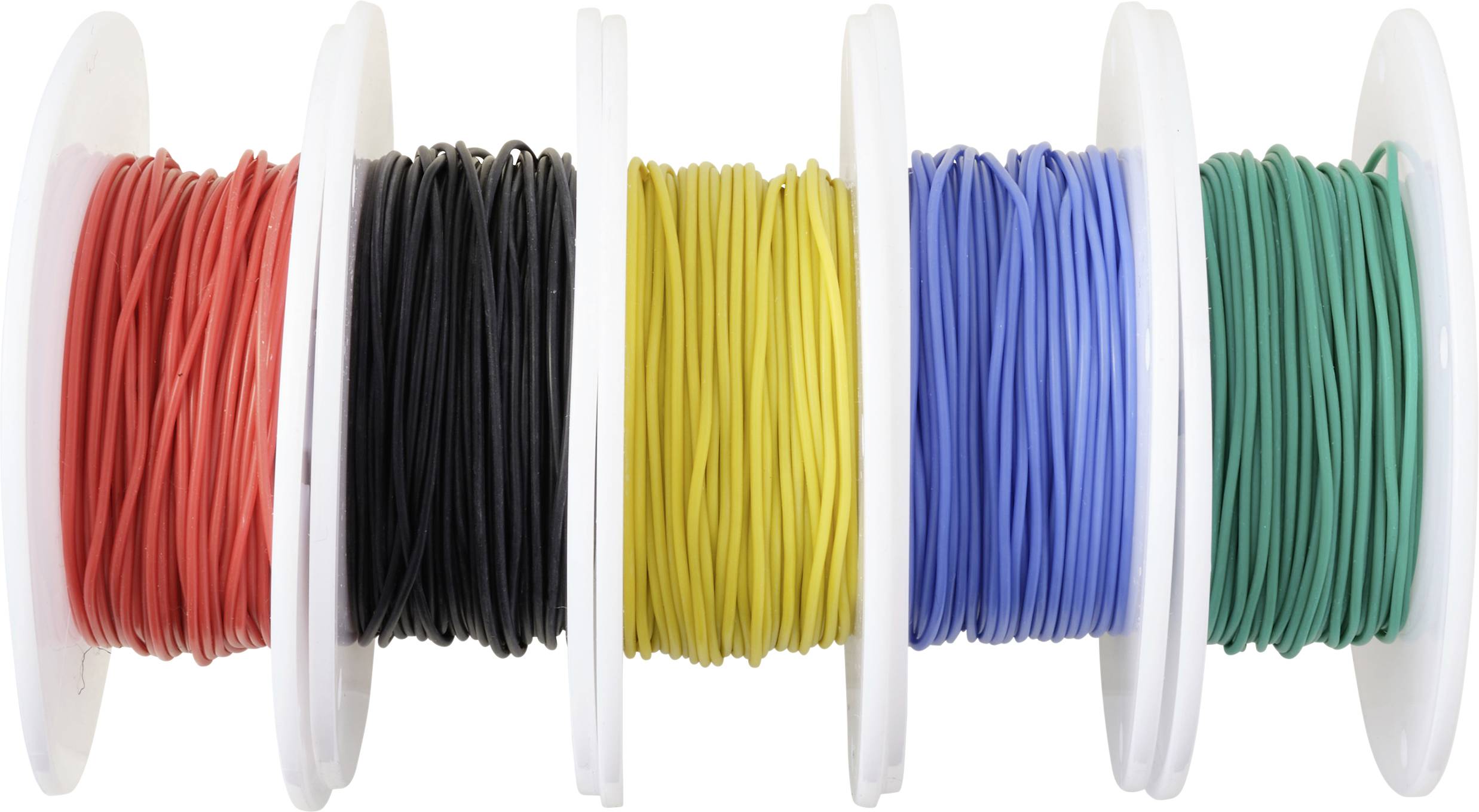 Five spools of electrical wire in red, black, yellow, blue, and green, lined up.