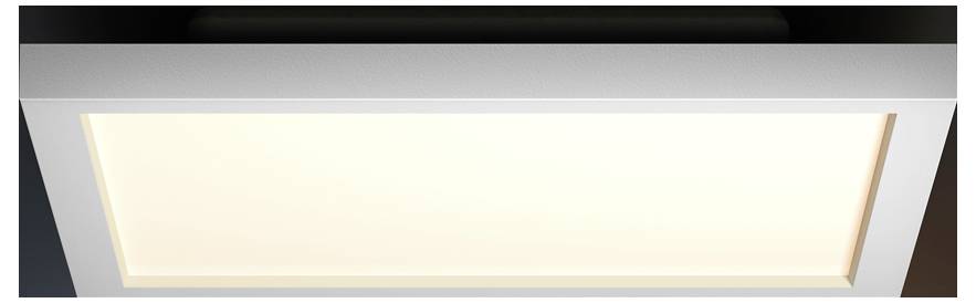 Rectangular LED ceiling light panel, emitting warm white light, viewed from below, set in a minimalist frame.