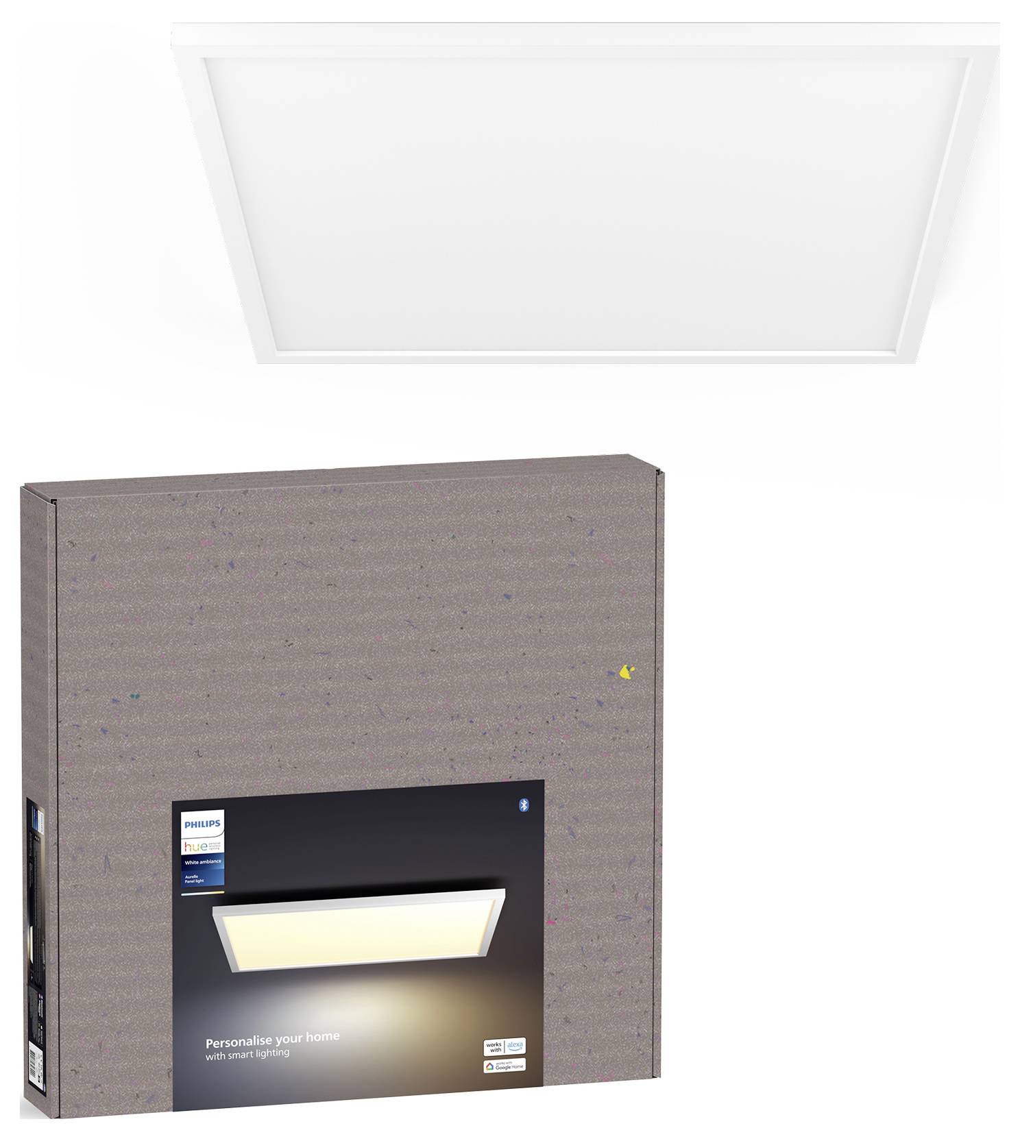 Box with image of a rectangular ceiling light panel. The text reads 'Personalize your home.' The panel is white and minimalistic.