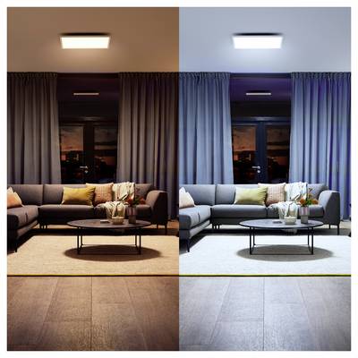 A living room is shown in two lighting settings. The left side has warm lighting, creating a cozy atmosphere. The right side has cool lighting, giving a bright and crisp look.