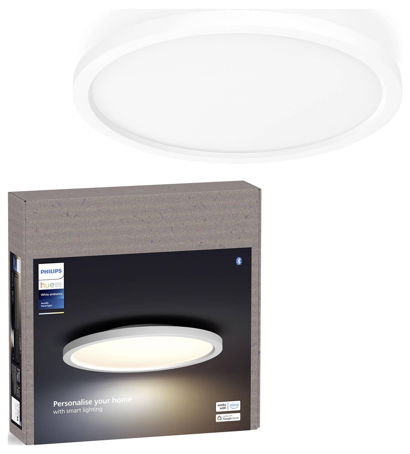 Smart ceiling light product and its packaging, showing a round, white light with Bluetooth capability. Packaging reads 'Personalise your home with smart lighting'.