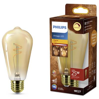 A vintage-style Phillips LED bulb with a 'flame' tint is shown next to its box, which highlights 'dimmable', '3.1W', and '270 lumens'.