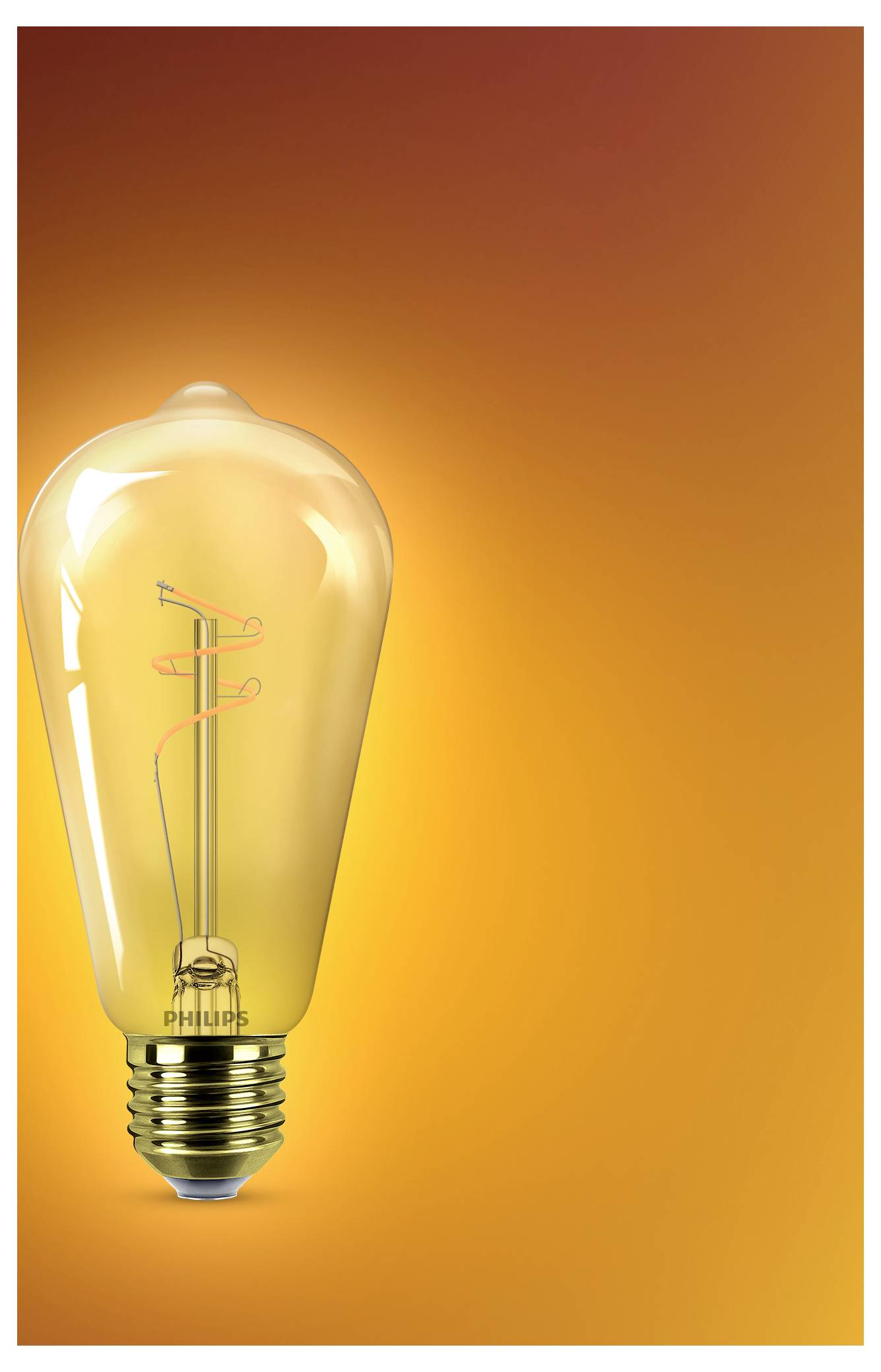 A vintage-style light bulb glows warmly against an orange gradient background, showcasing the bulb's intricate filament design.