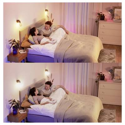 A couple lies in bed, smiling and holding a book together, next to a nightstand with a plant and glass of water. Warm, cozy lighting.