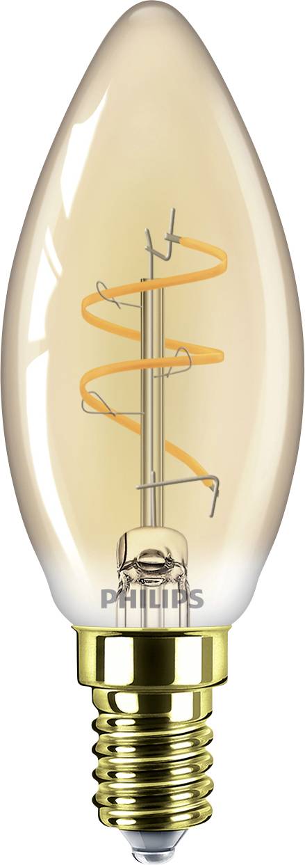 A decorative filament light bulb with a gold base and a spiral filament inside, labeled 'Philips.'