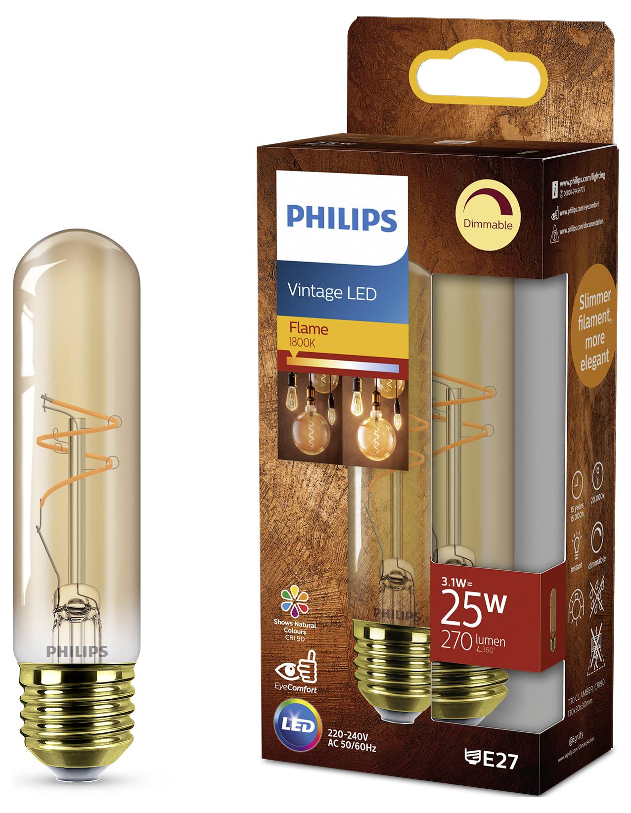 A Philips Vintage LED flame bulb next to its box, which highlights its dimmable feature, warm glow, and 25W equivalent with 270 lumens.
