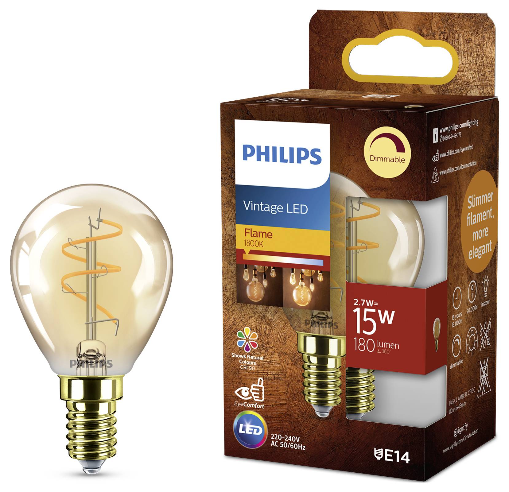 The image shows a Philips Vintage LED bulb and its packaging. It is 2.7W, 180 lumens, E14 base, marketed as dimmable with a warm flame look.