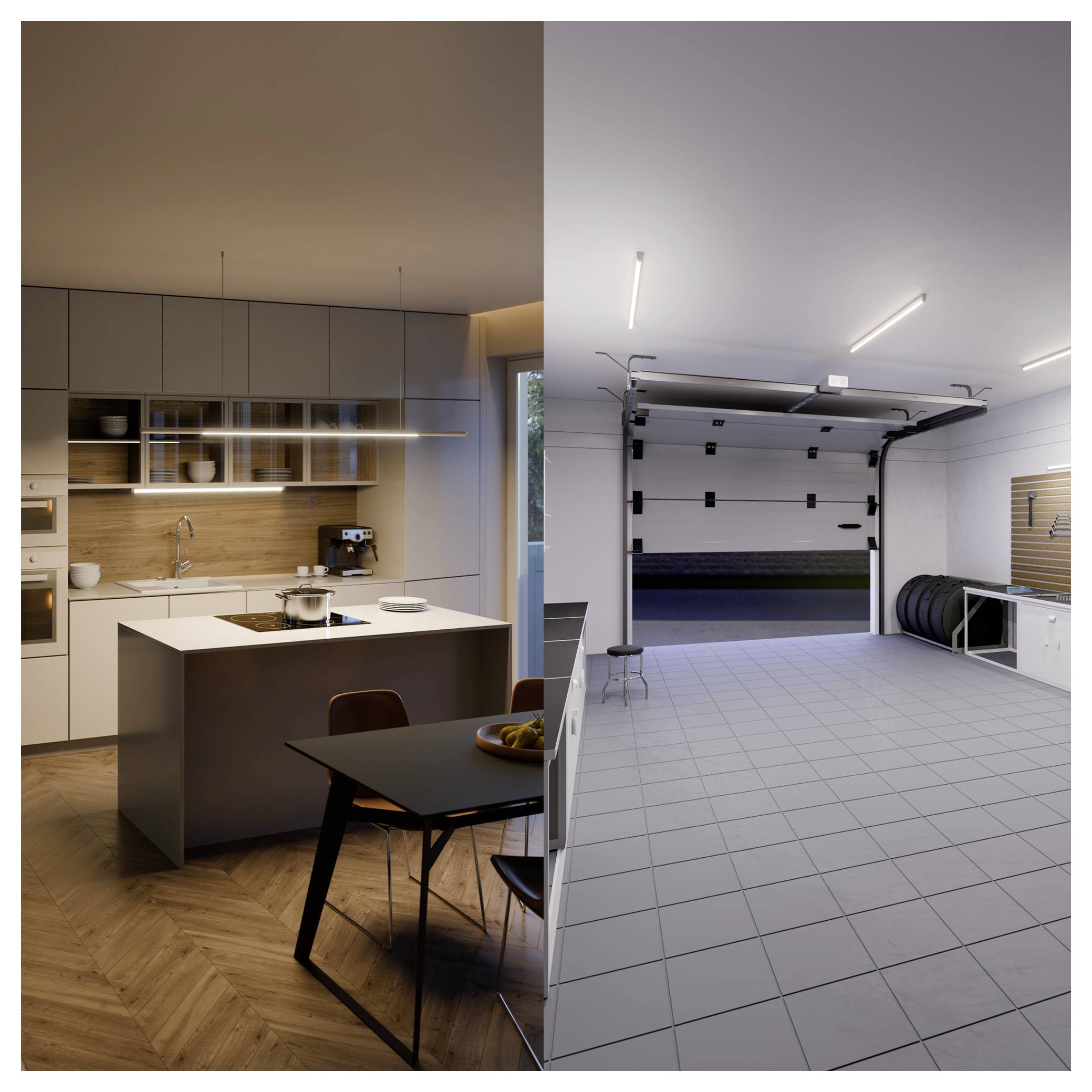 'Split image: left shows a modern kitchen with wood accents; right displays an open, empty garage with tiled floor and open door.'