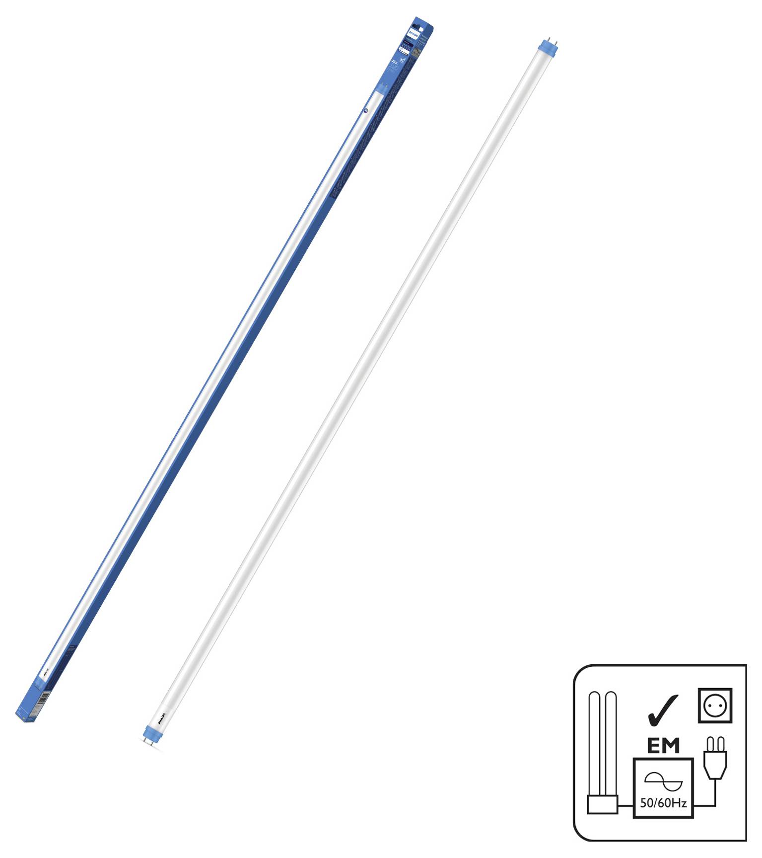 Two long, slim LED tubes, one blue and one white, with a symbol indicating electromagnetic compatibility and a plug icon in the corner.