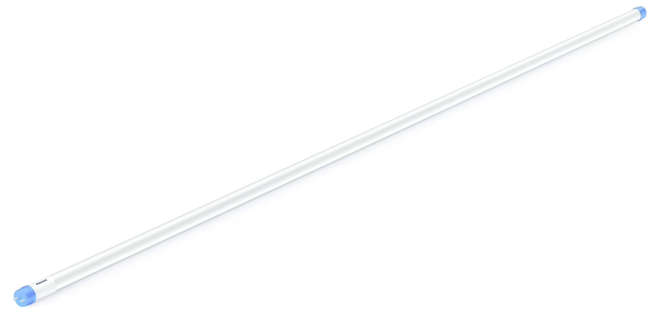 A white fluorescent tube light with blue end caps, shown against a white background.
