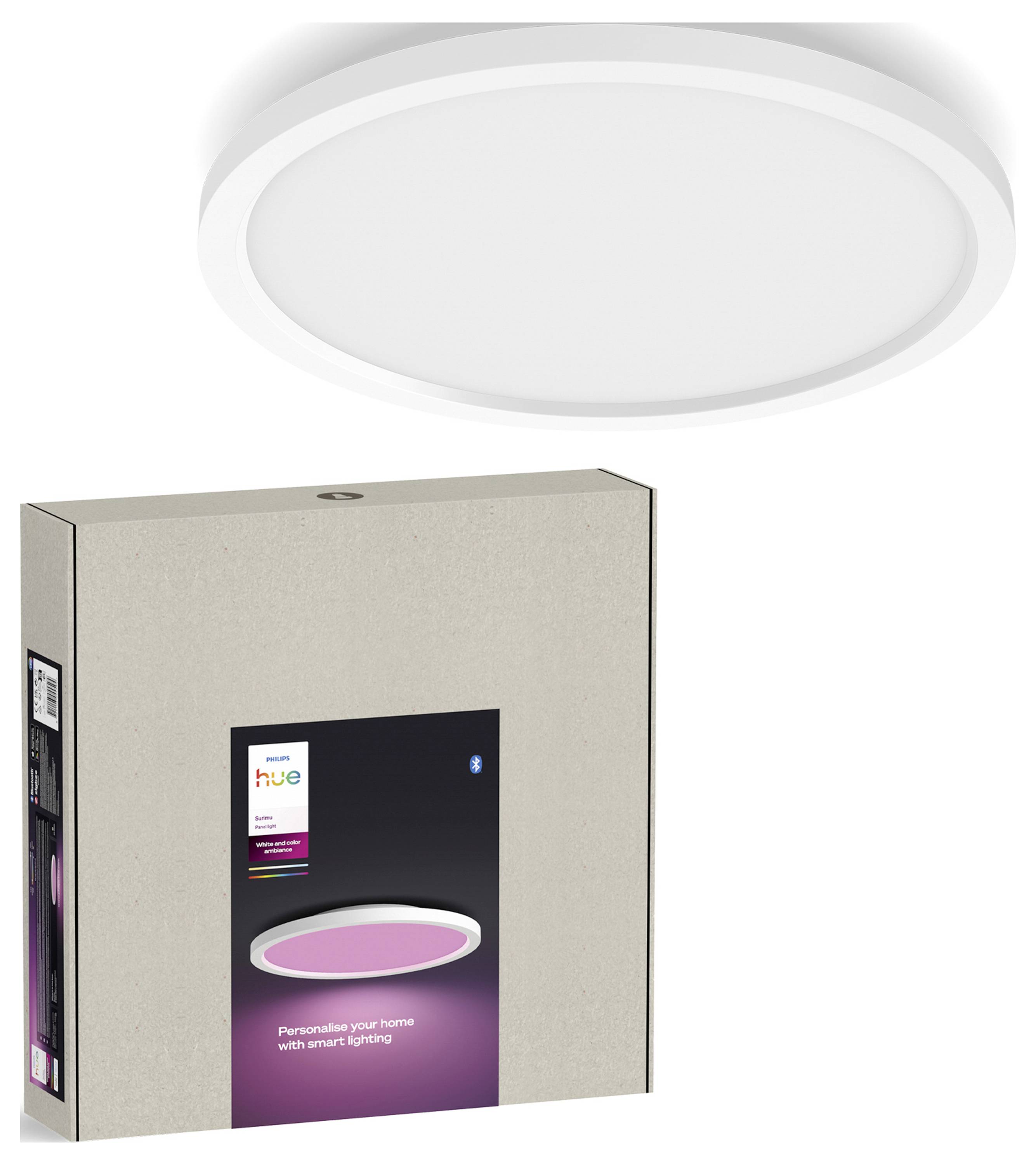 A circular ceiling light with packaging displaying the Philips Hue brand, emphasizing personalization with smart lighting features.