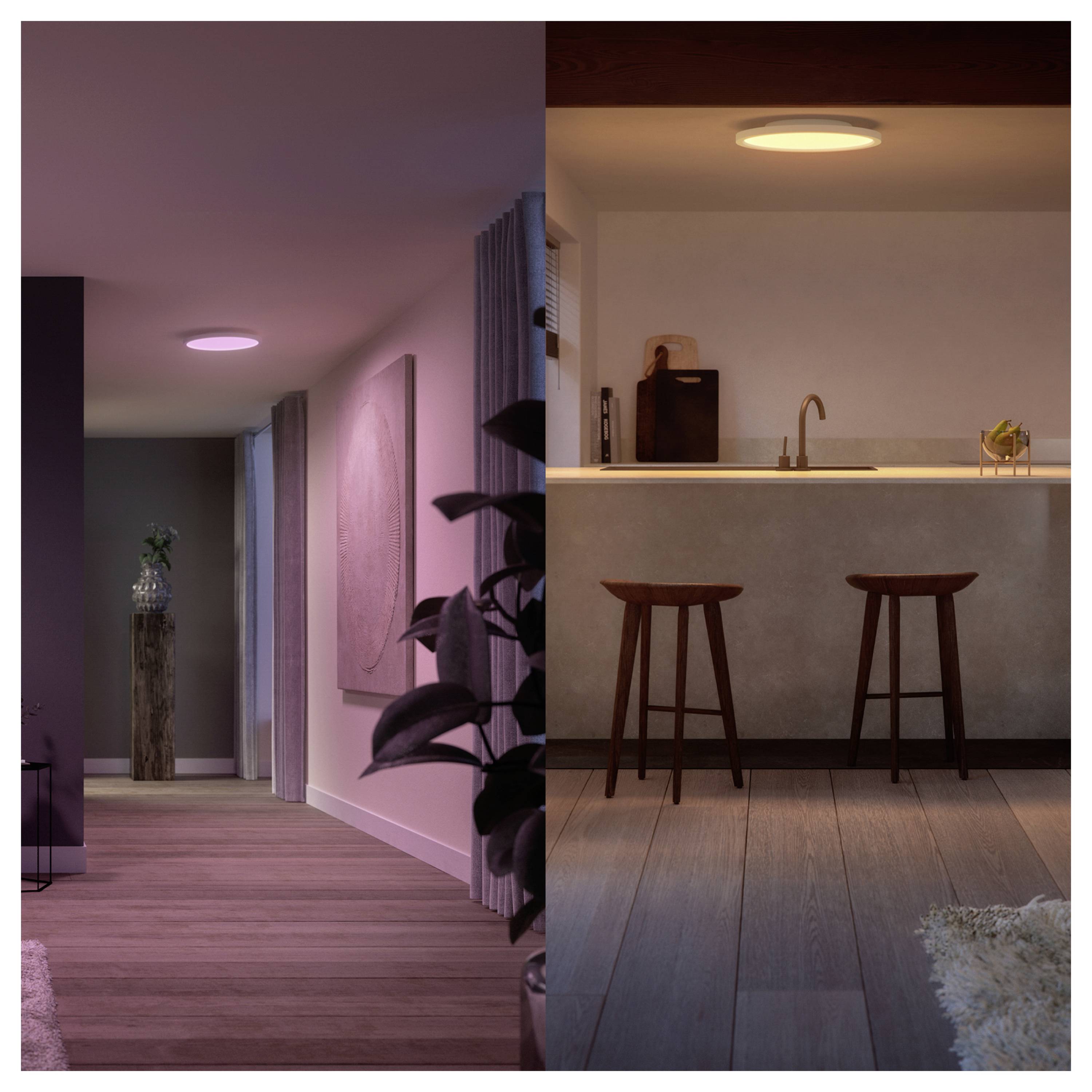A modern interior split view: on the left, a hallway with soft pink lighting; on the right, a kitchen with warm yellow lighting.